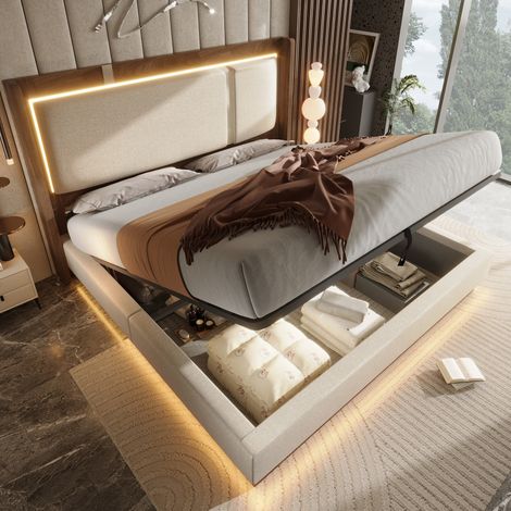 Letto contenitore 140x190 cm con illuminazione a LED e meccanismo idraulico, rete a doghe, lino beige e legno di noce. (1/5)