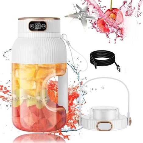 (Bianco) Spremiagrumi portatile e multifunzionale con display digitale, per preparare frappè e smoothie, con due coperchi (bianco) (1/5)