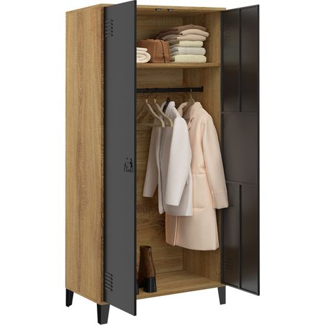 Idmarket – Armoire vestiaire penderie 2 portes métal noir – Contour bois – Longueur 76 cm – Hauteur 170 cm – Design industriel — vue 4
