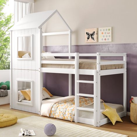 Lit superposé cabane enfant bois massif blanc 90x200cm. Avec baldaquin et échelle. Du sol au plafond pour filles et garçons (sans Matelas) (1/5)