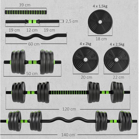 Manubrio regolabile 25 kg 3 in 1, trasformabile in bilanciere, verde HAVRYA (1/5)