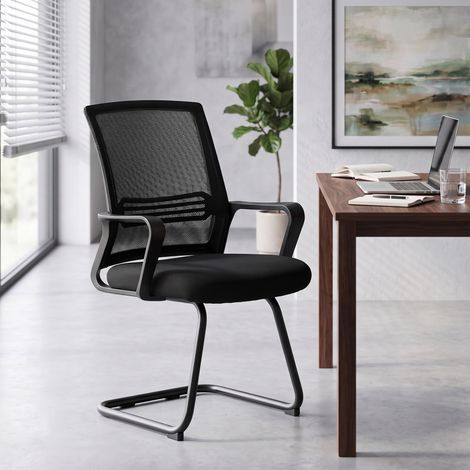 Ensemble de 2 chaises de bureau ergonomiques sans roulettes, chaises de conférence rembourrées avec piètement luge pour salles d'attente et espaces d'accueil, noires (1/5)