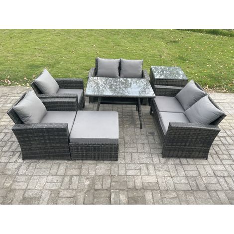Fimous Rattan Garden Furniture Set 7 Seater Patio Outdoor Lounge Sofa Set with Rectangular Dining Table Love Seat Sofa Side Table Big Footstool Dark Grey Mixed (1/5)