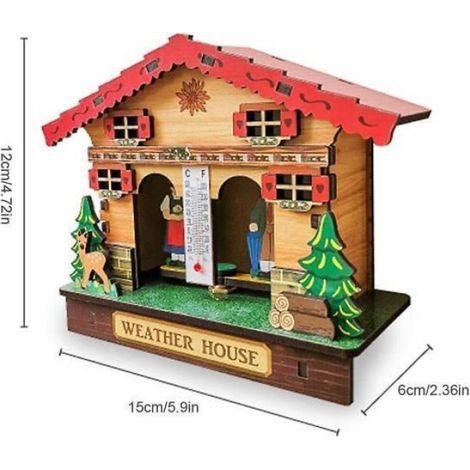 Maison Météo - Baromètre Hygromètre Thermomètre - Décoration Intérieure Bois MDF - 15 x 6 x 12 cm - 1 Pièce (1/4)