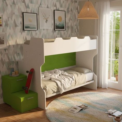 Letto a castello salvaspazio con scala a cassettoni e camminatoio - Bianco e Verde Mela (1/5)