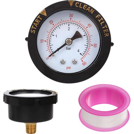 Manomètre de Filtre Piscine 0-60PSI avec Ruban d'Étanchéité, 1/4 NPT Montage Arrière Manomètre de Pression d'Eau Indicateur de Filtre Propre pour Piscines Pompes Spa Aquarium Test de Pression (1/5)