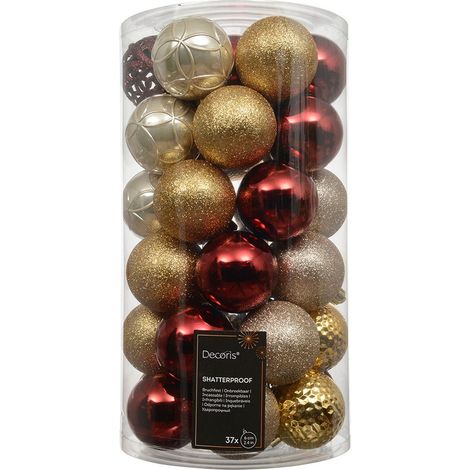 Bolas decoración árbol navidad ø6 cm, rojo y dorado, tubo 37 uds
