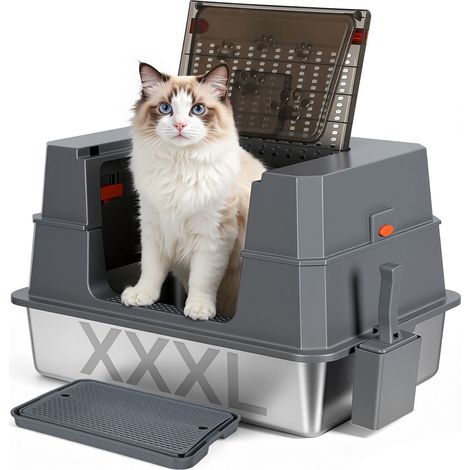 TolleTour XXL Edelstahl Katzentoilette 70 x 50 x 43 cm geschlossen mit Klappdeckel Grau Schwarz (1/5)