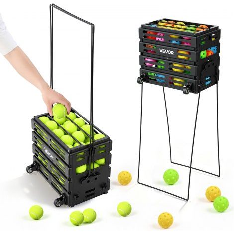 Tennisballkorb mit Rollen, Tennisballsammler mit Rahmen aus Kohlenstoffstahl & Kunststoffkorb, Sammelkorb für 80 Tennisbälle, Tragbarer Tennisballwagen für Training Ballsammeln Verein, Schwarz (1/5)