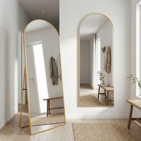 Grand miroir sur pied 162x53cm, arche, sur pied ou mural, cadre aluminium fiin & verre HD anti-éclats sécurisé, pour chambre/entrée, style scandinave moderne(162x53cm, Doré)