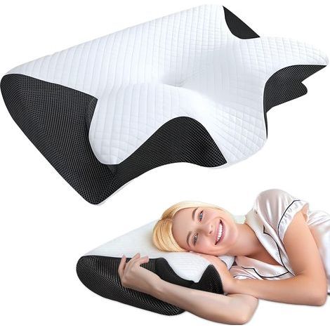 Oreiller cervical ergonomique 2 en 1 en mousse à mémoire de forme – Soutien nuque et épaules – Housse respirante et lavable – Noir et blanc