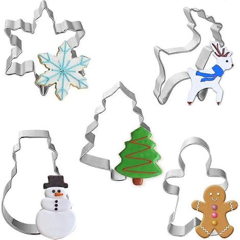 Ensemble d'emporte-pièces de Noël, XCOZU Lot de 5 emporte-pièces en acier inoxydable, formes variées, pour la pâtisserie et la décoration de biscuits de Noël (enfants). (1/5)