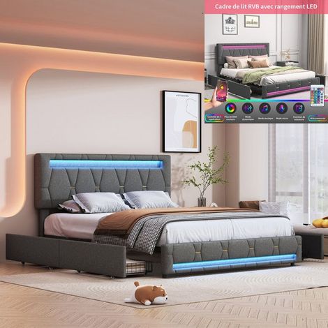 Lit 160x200 cm avec LED et 4 tiroirs, lit double 160x200 cm avec sommier à lattes, design moderne, tissu en lin, gris (1/5)