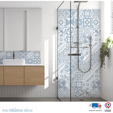 Panneau de douche : Carreaux ciments antique 4 - Couleur bleu roi - Alu composite - 100 - 245 (1/3)