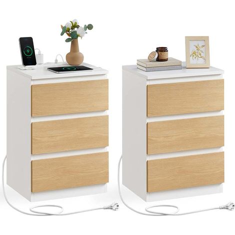 Mesita de noche con regleta mesa auxiliar con 3 cajones 2 tomas de CA 2 puertos USB frentes de cajón biselados para sala de estar dormitorio oficina beige moderno 120007615