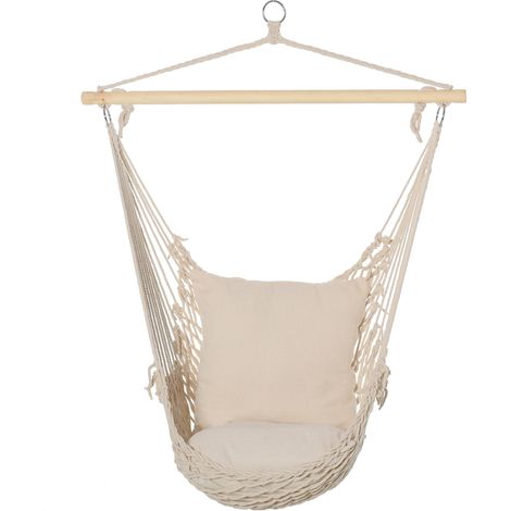 Hängesessel für drinnen und draußen, Hängematten-Schaukelstuhl mit Kissen, Baumwollgeflecht, Tragkraft 120 kg, weiß
