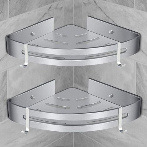 Étagère de douche d'angle en aluminium – Installation sans perçage – Capacité de charge 18 kg – Lot de 2 étagères argentées (1/5)