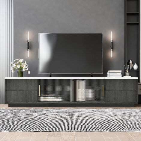 Meuble TV 160x40x38,5 cm, pour TV 70'', plateau à motif marbre, 4 tiroirs à bouton-poussoir et 2 portes coulissantes, gris (1/5)