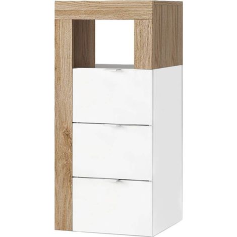 ARTURO - Rangement 3 tiroirs 35cm blanc laqué et aspect bois finition Cadiz (1/3)