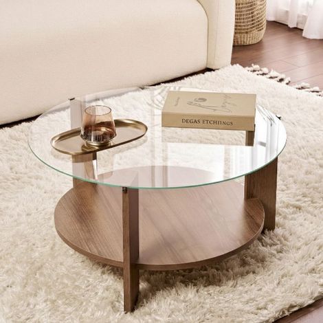 Canevino Couchtisch, Rund, Tischplatte aus Glas, Ablage Transparent, 75x75x40h cm, Nussbaum Braun (1/5)