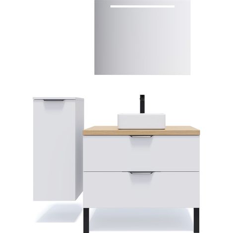 Meuble de salle de bain suspendu vasque à poser 90cm 2 tiroirs Blanc + miroir + colonne ouverture gauche - Soho (1/5)