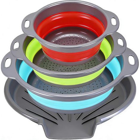 Passoires pliables cuisine lot de 3 avec plateau d'égouttage extra-large base gris bleu rouge vert (1/5)