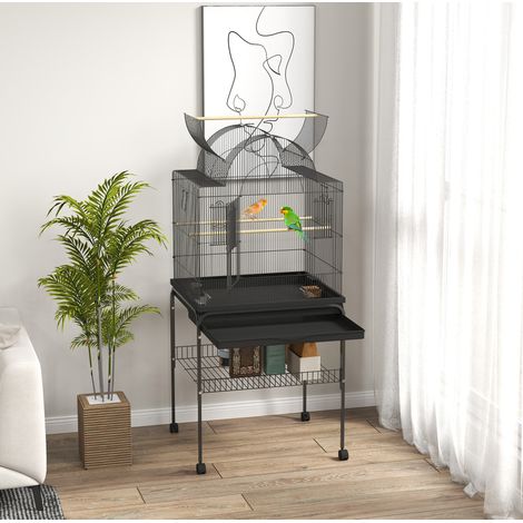 Gabbia per uccelli in acciaio 63 x 53 x 144 cm con ruote, vassoio rimovibile e ripiano, nera DESVIAE (1/5)