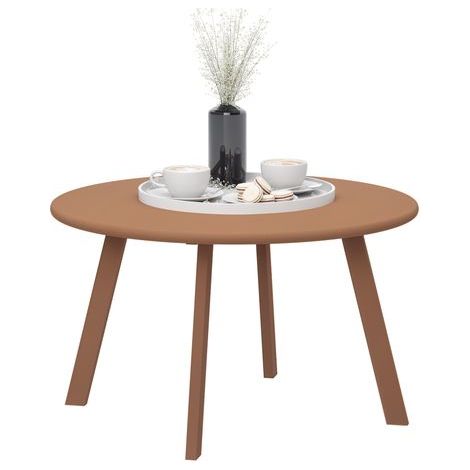 Runder Metall-Gartentisch, 70 cm Durchmesser, orange Farbe, mit rutschfesten Füßen, ideal als Beistelltisch oder Lounge-Tisch im Freien.