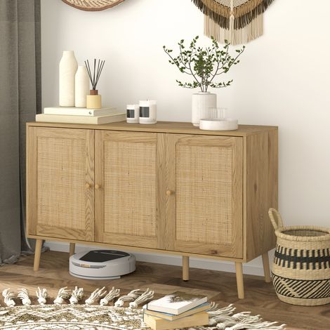 Buffet Salon Bohème Portes Rotin Étagères Réglables Mobilier Intérieur Bois Naturel 120x40x75cm (1/4)