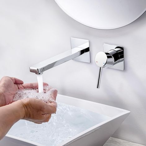 Robinet de Lavabo Encastré, Robinet de Salle de Bain 2 Trous en Cuivre, Mitigeur Salle de Bain avec Aérateur M24 Amovible pour Lavabo de Salle de Bain ou Hôtel, Chromé (1/5)