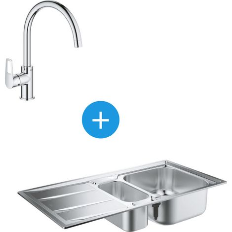 Kit Evier cuisine K400 à encastrer 965x500mm Acier inoxydable + Mitigeur Bauloop Col de cygne, Chrome (31567SD0-SET1)