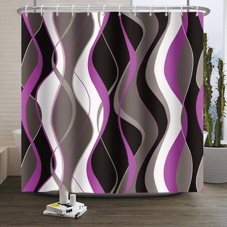 200x180cm Rideau de Douche Moderne Abstrait Vagues et à Rayures Gris Noir Blanc Violet Lignes Rideau de Salle de Bain en Géométrie Esthétique Résistant à la Moisissure Tissu Décoratif (1/5)