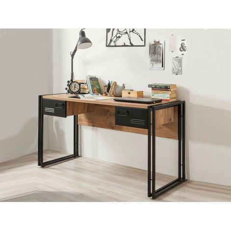 Dmora - Schreibtisch Alkes, Mehrzweckschreibtisch, Bürotisch für PC, Eckschreibtisch, 139x60h75 cm, Eiche und Schwarz, mit verstärkter Verpackung (1/5)