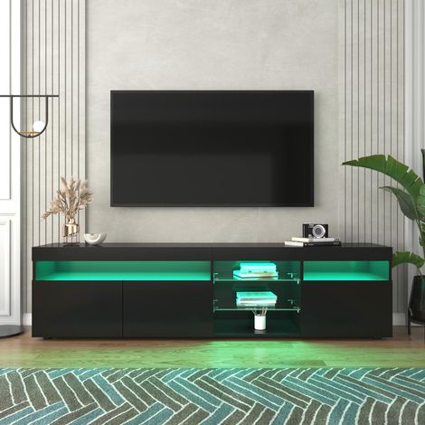 Meuble TV noir moderne, panneau lumineux, éclairage LED modulable, salon/salle à manger 180 cm