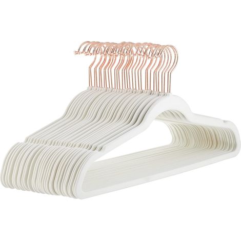 Weiß beflockter Kleiderbügel, Roségold-Haken, 45 x 21 cm, 30 rutschfeste, trockene und nasse Kunststoff-Kleidung zum Aufhängen, nahtloser Wäscheständer für den Haushalt