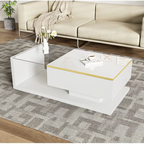 Mesa de centro 100 x 50 x 32,5 cm con LED, vidrio templado, blanco brillo DESVIAE (1/5)
