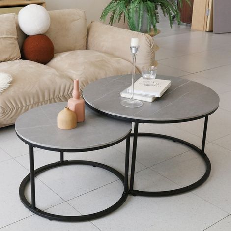 2 Premium Gray Round Nesting Coffee Table Thicken Metal Stacking Sofa Side Table (1/5)
