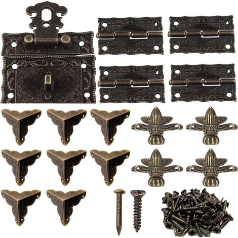 1 pcs Antique Decorative Box Clasp Lock 8 pcs Decorative Corner Protection Cover 4 pcs Metal Hinge 4 pcs Decorative Corner Foot for Wooden Jewelry Box Bronze