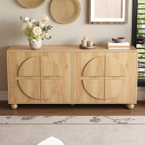 Buffet à 4 portes avec motifs circulaires en relief, meuble de rangement imitation bois, étagères réglables pour entrée et salon 160x38x76 cm, naturel (1/5)