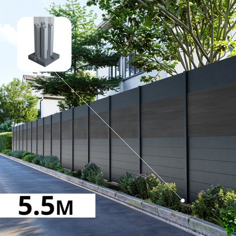 Kit Clôture Aluminium BAHIA & CRUZ Ardoise 5,5x1,8m - Aluminium et bois composite - Poteaux sur Platines gris - Brise vue - Palissade (1/5)