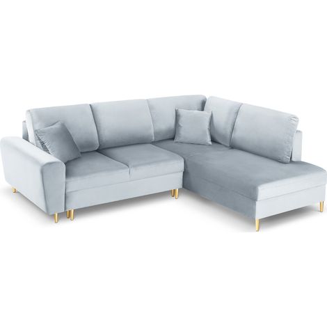 Canapé-lit d'angle droit + box 5 places en velours bleu clair (1/5)