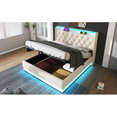 Letto con contenitore in PU bianco 140x200 cm con LED, USB-C, rete a doghe e materasso incluso (1/5)
