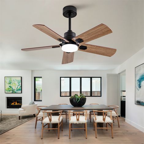 Ventilateur de Plafond Extérieur 42 Pouces - 107x107x37cm - 5 Pales Réversibles Noyer avec LED Dimmable et Télécommande - Noir (1/5)