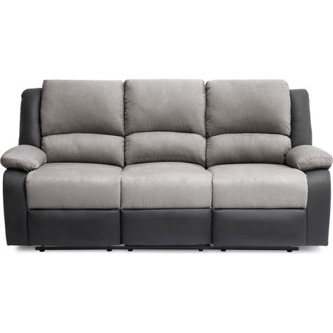 Loungitude – Canapé relax 3 places en microfibre et simili – Inclinaison jusqu'à 170° – Repose-pieds relevable – Confort optimal – Gris et noir