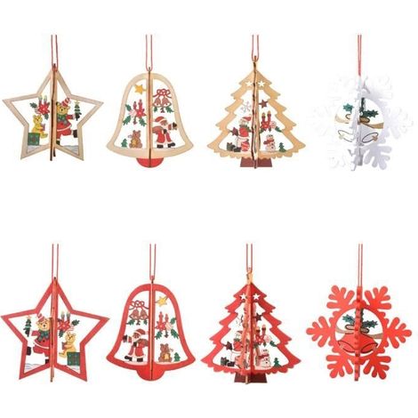 Ornements d'arbre de Noël - MARSEE - 8 PCS - Bois Fait à la Main - Décoration 3D - Rouge (1/4)