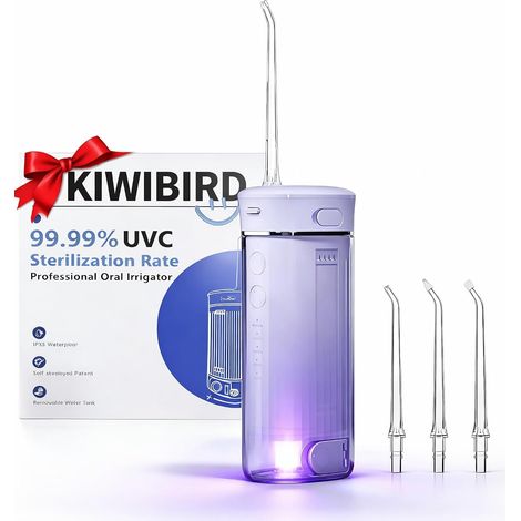 Mini hydropulseur pour voyage, irrigateur buccal sans fil ultra-portable avec lumière UVC, étanchéité IPX8, 3 modes, nettoyeur de dents de 230 ml pour soins des pierres amygdales et des (1/5)