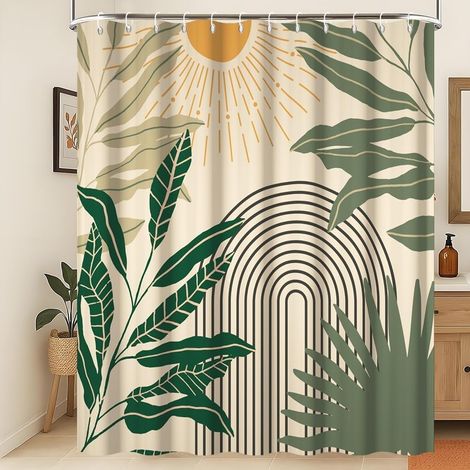 Milieu du siècle Rideau de Douche Beige bohème Abstrait Couleur Neutre Feuilles Vertes Arcs Lignes Soleil Rideaux de Salle de Bain Esthétique Minimaliste Géométrique Décoration 120x180cm (1/5)