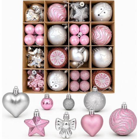 Set mit 64 rosa-silbernen Weihnachtsornamenten (3 bis 6 cm), unzerbrechliche Weihnachtsbaumdekoration: Kugeln, Herzen, Sterne, Schleifen geeignet für Weihnachtsbaum, Kaminsims, Kranz und Innendekorati (1/5)