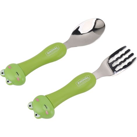 Cuillère-fourchette en acier inoxydable à motif grenouille pour l'apprentissage de l'alimentation des bébés (1/5)