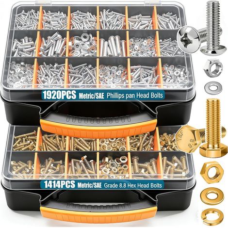 Coffret de visserie 3334 pièces, kit de boulonnerie avec boulons à tête hexagonale extérieure et vis cruciformes à tête bombée, écrous, rondelles plates et élastiques, acier au carbone électrozingué, (1/3)